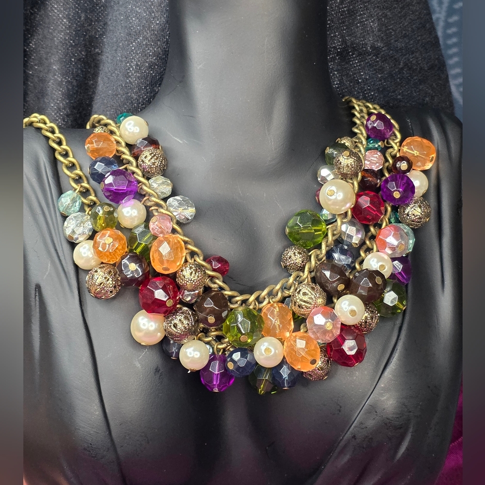 Vintage Avon SHA Beaded Double Strand Cluster Necklace Gold Tone Multi Color
